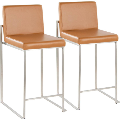 Fuji 26" High Back Bar Stool in Stainless Steel & Camel Leatherette (Set of 2)